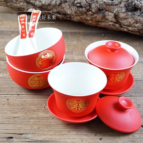 Image of Liang baobao Chinese Tableware Tea Gift 2 Set Gaiwan Bowl Spoon Porcelain Double Happiness for Adults Men Women Couple Wedding Party (Double Happiness)