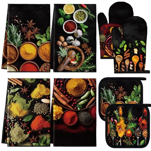 Teenyyou 8 Pcs Colorful Spices Kitchen Towels Pot Holders and Oven Mitt Set 4 Cooking Herb Dish Towels 2 Rustic Absorbent Square Potholders 2 Heat Resistant Glove for Cooking Baking Home Gifting