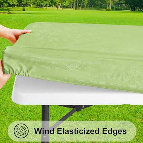 Image of Smiry Heavy Duty Vinyl Fitted Tablecloths for 8 Foot Rectangle Tables | Elastic Waterproof Fitted Tablecloths, Wipeable Washable Table Cover for Kitchen, Dining, Camping (Sage Green, 30 inch x 96 inch)