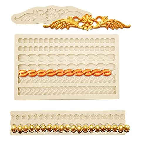 MUYULIN Pearl Fondant Molds, 3 Pack Silicone Pie Decoration Crust Mould, for Cake, Chocolate, Cupcake, Knit Rope, Game Pie, SugarCraft, Clay Cover