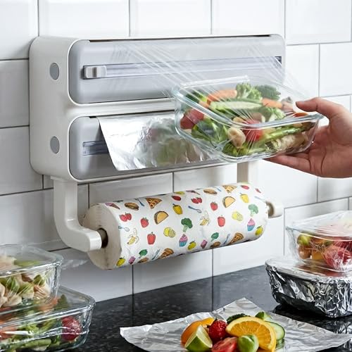 Image of Foil Paper Cutter and Holder Aluminium Foil and Plastic Wrap Organizer with Paper Towel Holder Compatible with Cling Film Tin Foil and Wax Paper Plastic Wrap Dispenser Cutter (Grey, Dual Layer)