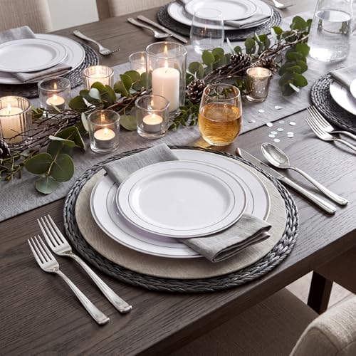 Image of WDF 120PCS Plastic Plates White Silver Rim - Disposable Plates including 60PCS for Dinner 10.25inch, 60 Salad /Dessert Plates 7.5inch Heavy Duty Wedding Party Birthday
