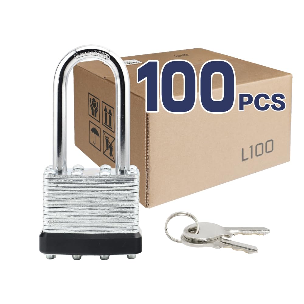 LanuBe Laminated Keyed Alike Padlock 100 Pack 1.6-in Wide Long Shackle