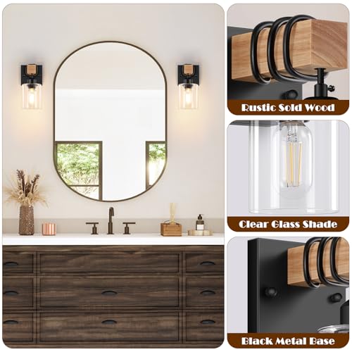 Image of Licperron Farmhouse Wall Sconces 4-Pack, Rustic Wood Vanity Light Fixtures for Bathroom, 1-Light Black Bath Wall Mount Lamp with Clear Glass Shades, Wall Lights for Living Room, Mirror, Cabinet