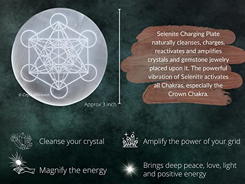 Image of Crystal Heaven Certified Selenite Charging Plate,3 Inch Engraved Metatron Cube Selenite Plate For Crystal Cleansing Re-Energy Work,Meditation And Pooja