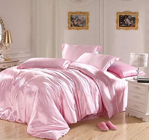 Bedify Bedding Juego de edredón de satén de seda 100% pura con juego de 4 piezas, sábana bajera de seda de 15 pulgadas, funda de edredón de seda