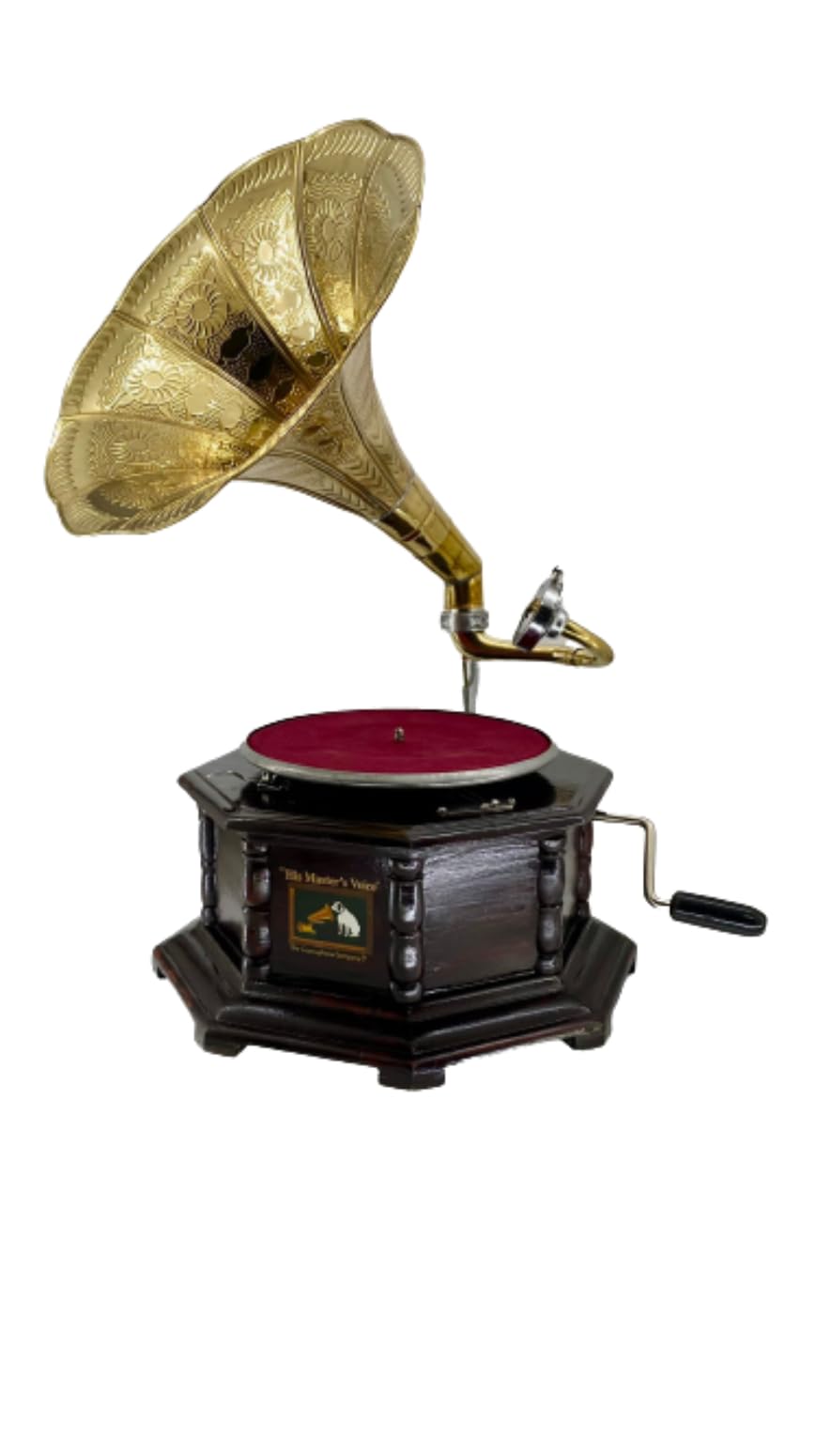 Grammofono con tromba in ottone HIS MASTER'S VOICE riproduzione ottagonale in legno artigianato Made in Italy