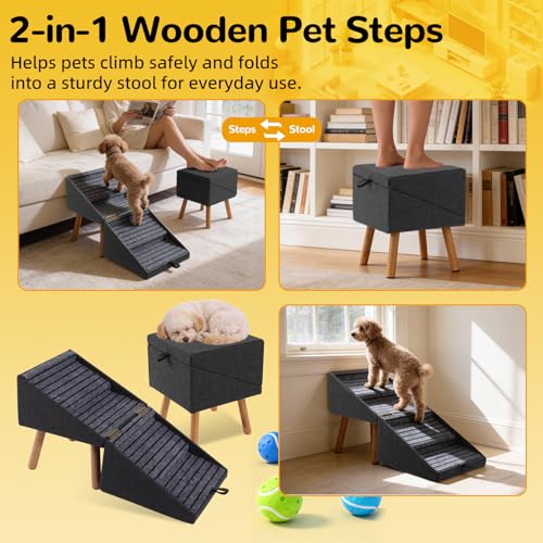 Image of Dog ramp for Small Dogs, 2-in-1 Pet Steps & Ottoman - Foldable Dog ramp for Couch, Non-Slip Wooden Pet ramp for Puppy Senior Injured Dogs (Matte Black, XL(17.13H))