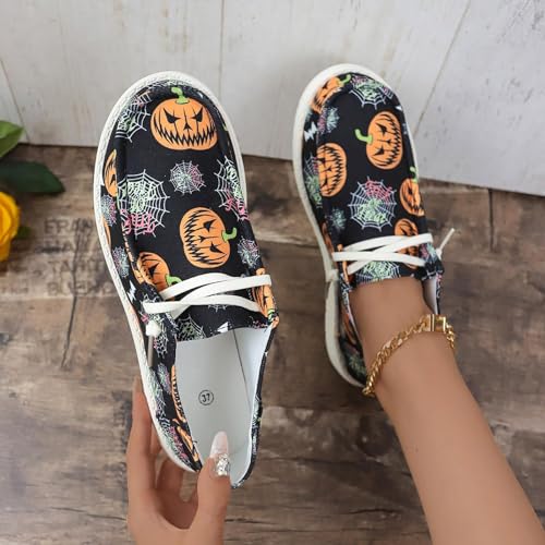 Women's Halloween Canvas Sneakers 2025,Skeleton Pumpkin Printed Low Top Lace up Walking Halloween Shoes Breathable Comfortable,Casual Flat Slip-On Shoes Pumpkin3