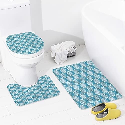 3 teiliges Badematten Set rutschfest U-FöRmige Duschvorleger,Blau und Weiß, Damastkunstblumen mit barocken Schnörkeln…