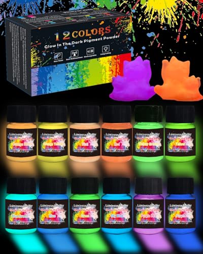 Luckymica Glow in The Dark Pigment Powder 12 Colors, Epoxy Resin Dye Luminous Pigments 20g/0.71oz Each Bottle for DIY, Crafts, Nail Art, Acrylic Paint,...