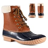 Twisted Shoes Becca Womens Rain Boots, Waterproof Wide Calf Two Tone, Lace Up Fleece Trim Duck Boot Footwear, Navy, 8