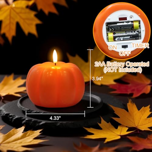 Image of Wondise Fall Decorations Flameless Wax Pumpkin Candles with 6H Timer, Orange Battery Operated LED Candles Fall Decor for Thanksgiving Gifts, Autumn Farmhouse Harvest Decor for Home Decoration