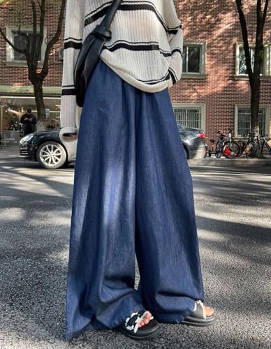 chouyatou Women's Elastic High Waisted Wide Leg Jeans Baggy Boyfriend Flare Trendy Long Denim Pants2