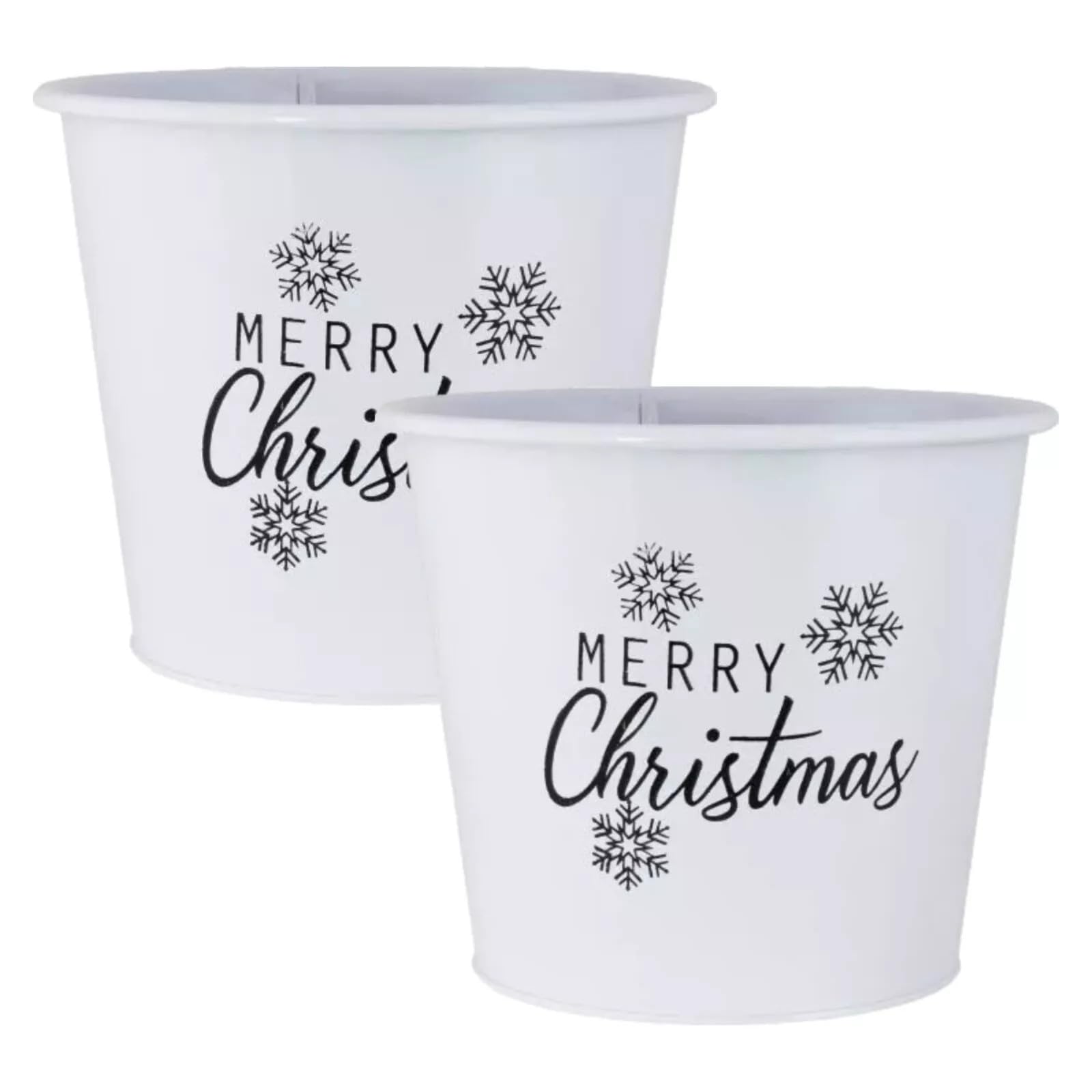 Fyne-Finds Metal Merry Christmas White Plant Pot Pail 20cm, 8inch Planter Xmas Decor SnowFlakes Themed Pots (2)