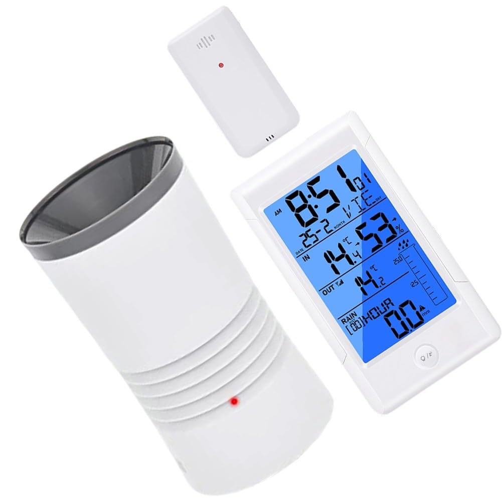 Medidor de lluvia inalámbrico para estación meteorológica con sensor exterior, medidor digital de humedad de temperatura, historial de lluvia de 9 días, pantalla LED retroiluminada, reloj