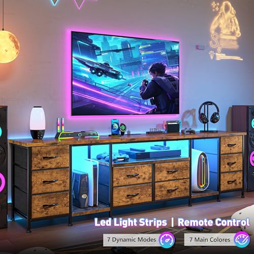 Image of 75.5 inch Long TV Stand for 85 /80 /75 Inch TVs LED Entertainment Center with Power Outlets & 10 Storage Drawers, Television Stands with 2 Separate Wood Shelves for Bedroom Living Room, Rustic Brown