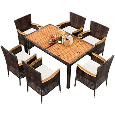 Shintenchi 7 Piece Patio Dining Set, Wicker Patio Conversation Set with Wooden Table Top, Outdoor Table and Chairs with Soft Cushions for Backyard, Deck and Garden, Brown Wicker