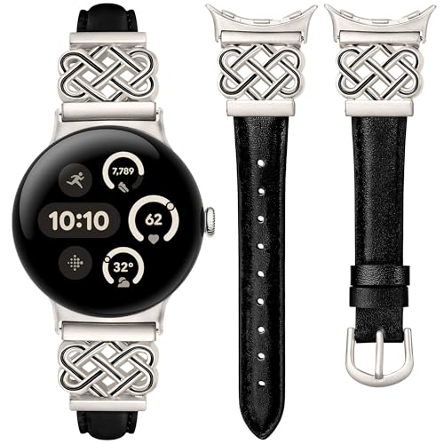 Image of TOYOUTHS Slim Leather Band Compatible with Google Pixel Watch 4 3 41mm /Pixel Watch 2 1 Band Women, Celtic Metal Dressy Thin Fashion Designer Premium Leather Strap for Google 4 3 2 1 Smartwatch
