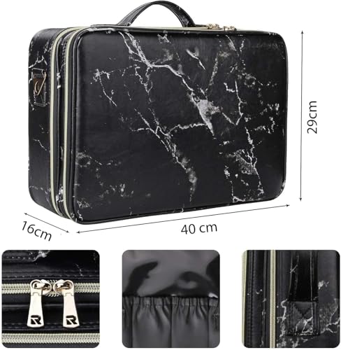 Image of SHAMAX Extra Large Professional Makeup Organizer for Makeup Artists, Cosmetic Vanity Bag, Adjustable Dividers, Travel Makeup Bag for MUA, Nail Artists, MUA(Black Marble) (41x29x12 cm)