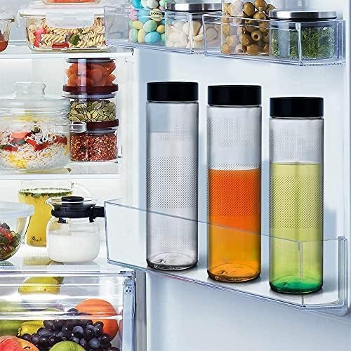 Image of 750ml Glass Water Bottles with Black Lids (Pack of 2) - Modern Textured Design - Airtight Plastic Cap - Premium Reusable Fridge Storage Containers for Juice, Milk, Iced Tea & Smoothies