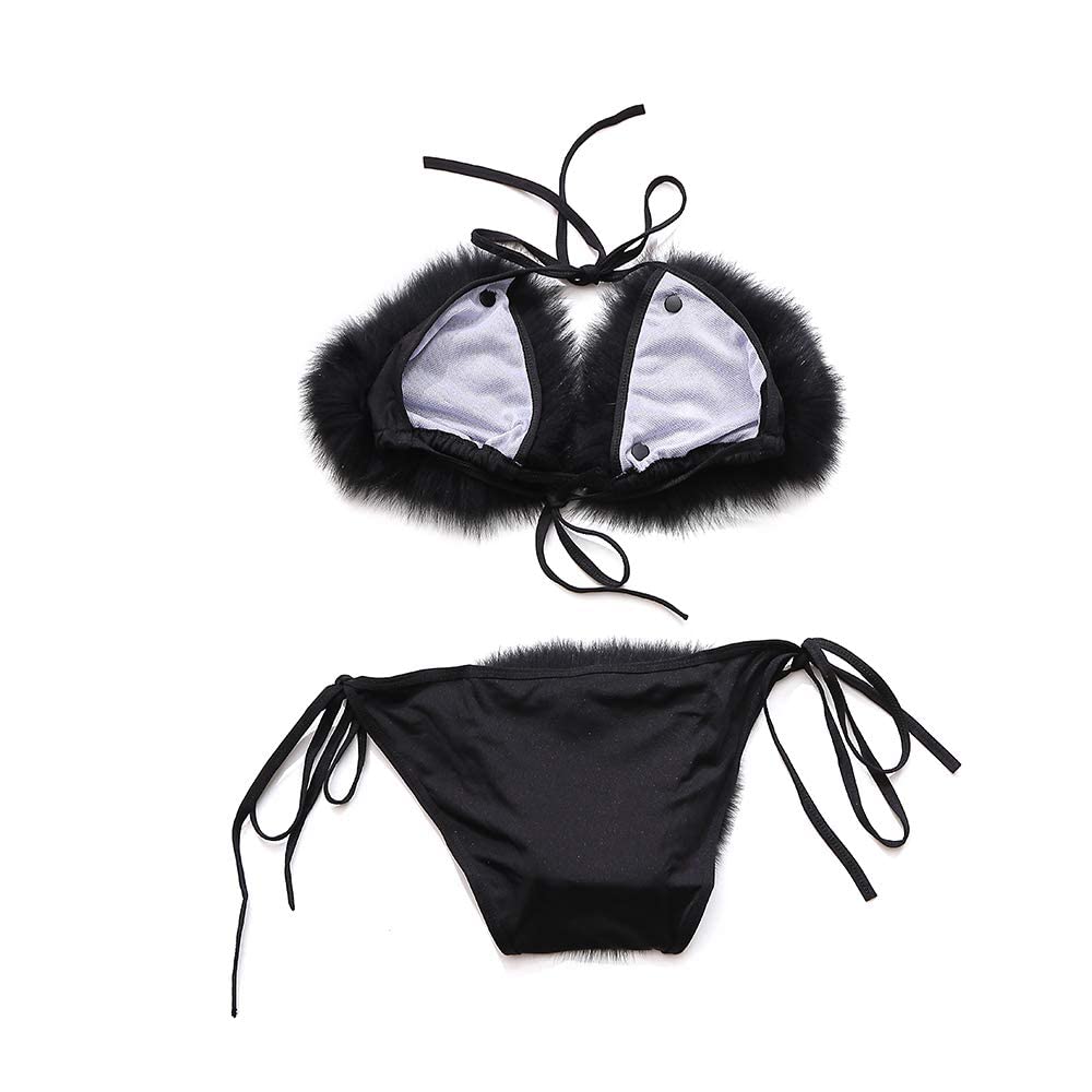 ZOSCGJMY Women's Faux Fur Halter String Triangle Bikini Sets Two Piece Swimsuits