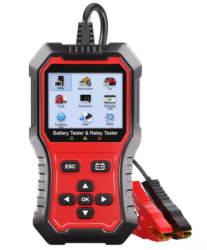 Tester per batterie e relè automobilistici per sistemi da 12 V 24 V con test di carico di avviamento, controllo dell'uscita dell'alternatore e analisi della batteria