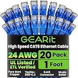 GearIT 20 Pack, Cat 6 Ethernet Cable Cat6 Snagless Patch 1 Foot - Computer LAN Network Cord, Blue