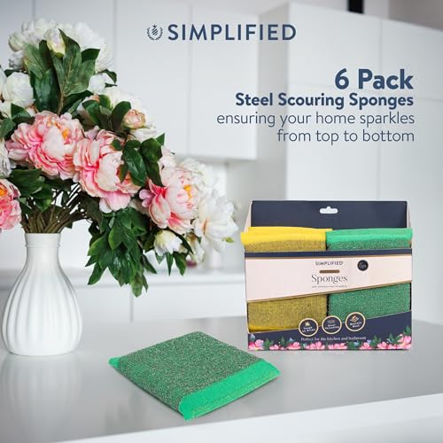 Image of Simplified 6-Pack Steel Scouring Sponges with Rust Resistant Stainless Steel Threading for Home and Kitchen Cleaning Supplies, Heavy Duty Cleaning Sponge for Kitchen & Bathroom, Navy /Yellow