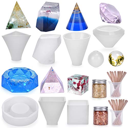 Epoxy Silicone Resin Molds Set, 32Pieces Clear Resin Casting Molds Includs Pyramid/Diamond/Cubic/Stone Shape/Sphere/Triangular Pyramid/Conical and Hexagon Ashtray Mold for DIY Craft Home Decor