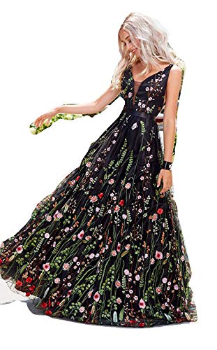 New Black Floral Embroidered Long Dress Party Dress Gown Robe Evening Maxi Dress Formal Cruise Dance Wear Prom Dress Wedding Dress Size UK 10-12