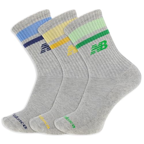 New Balance Organic Cotton Crew Socks-3 Pairs-Arch Support Sport Essentials SOC Grey Stripe Large