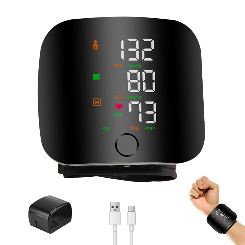 Afenau Monitor de presión arterial de muñeca, máquina de presión arterial recargable con pantalla táctil LED, brazalete ajustable para monitor de presión arterial para adultos mayores en casa o de