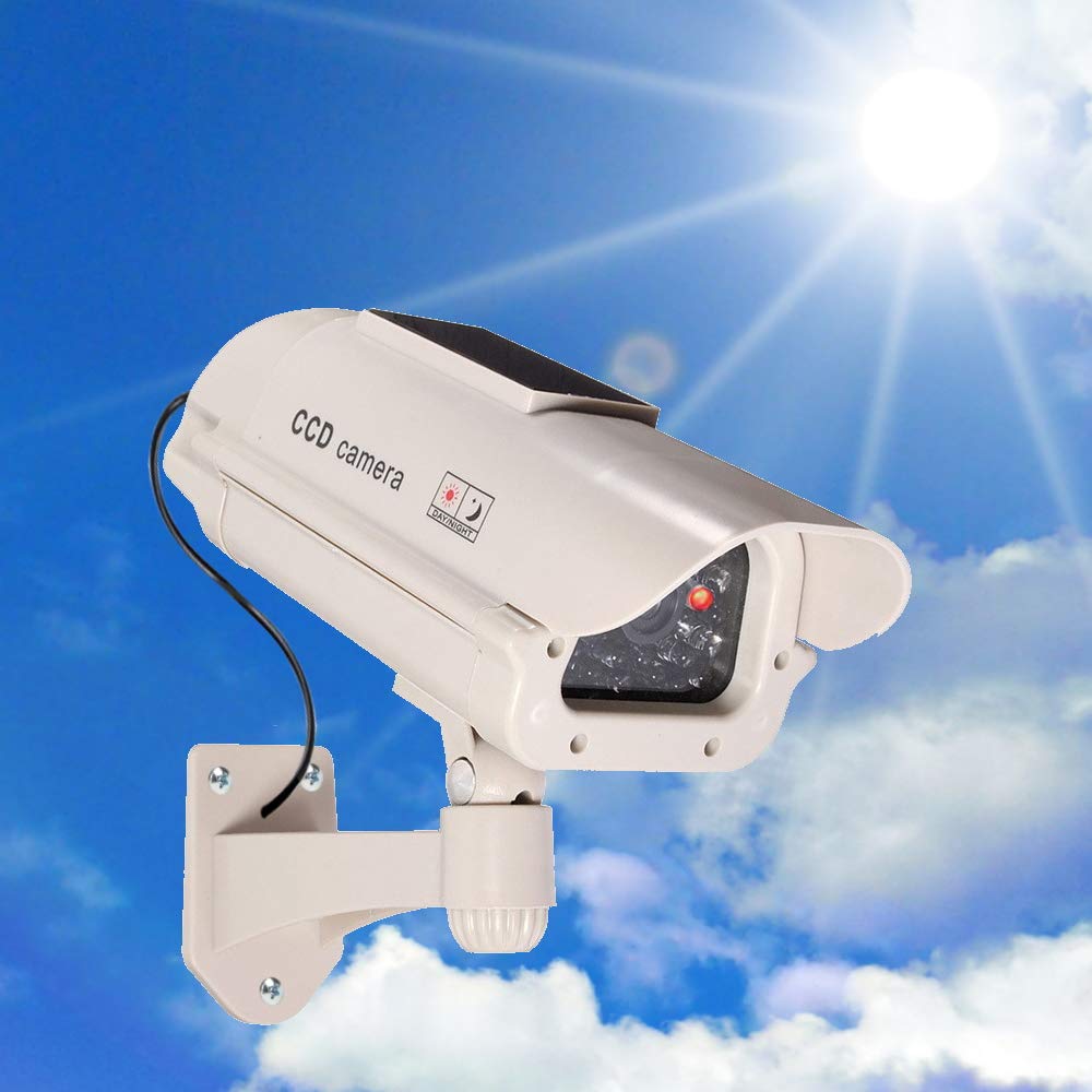 O&W Security 2 Grandes cámaras solares ficticias con Lentes y Leds Intermitentes para Uso en Interiores y Exteriores, a Prueba de Agua.