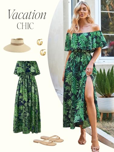 Image of CUPSHE Women Ruffle Floral Maxi Summer Dress Off Shoulder Short Sleeve Backless Flounce Bodice Slit Hem Beach Dresses