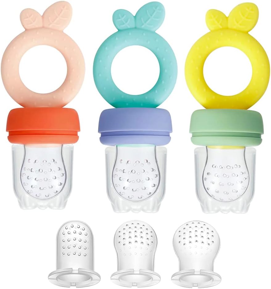 PandaEar 3 Pack Silicone Baby Fruit Food Feeder Pacifier with 3 Sizes Silicone Pouches, BPA Free Mesh Feeder for Infants