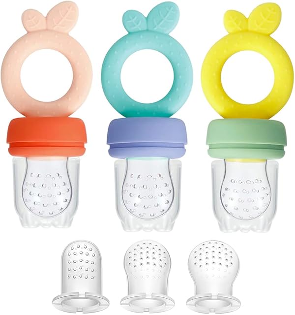 PandaEar 3 Pack Silicone Baby Fruit Food Feeder Nibbler Pacifier with 3 Sizes Silicone Pouches, BPA Free Mesh Feeder for Infants