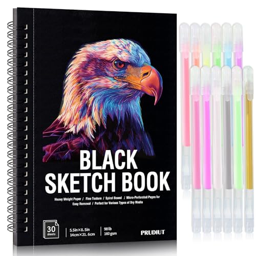 30 Sheets Black Paper Sketchbook with 12 Color Gel Pen Set 98lb/160gsm Heavyweight Black Sketch Pad 5.58.5in Acid-Free Drawing Paper Spiral Bound Sketch Book for Kids Teens Artist