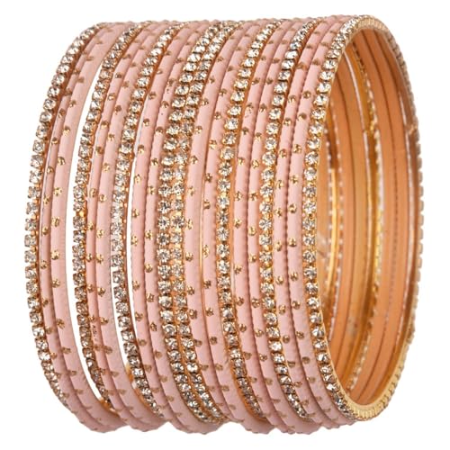 Efulgenz Indian Bangle Set Rhinestone CZ Plain Metal Bracelet Bangle Jewelry for Women (20 Pcs) Size-2.6 Peach Color