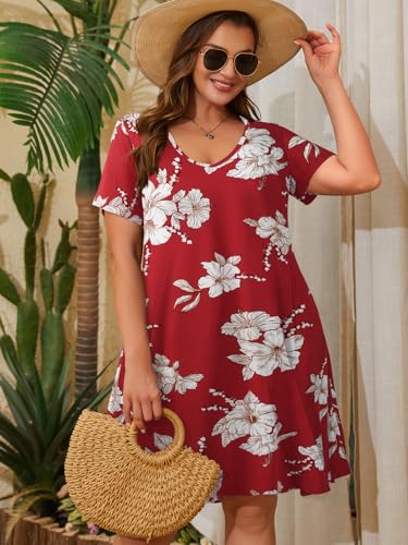 Image of ZENNILO Women's Plus Size Swing Dress with Pockets Casual Summer Dresses V Neck Short Sleeve T Shirt Dress for Women