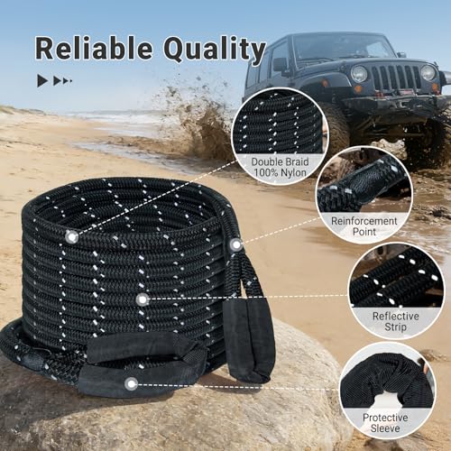 Image of Kinetic Recovery Tow Rope 5 /8 inch x 20ft, 38000lbs Snatch Strap,Heavy Duty Stretch Nylon Towing Ropes with 2pcs Soft Shackles for Offroad Vehicle,Jeep, SUV, ATV, UTV