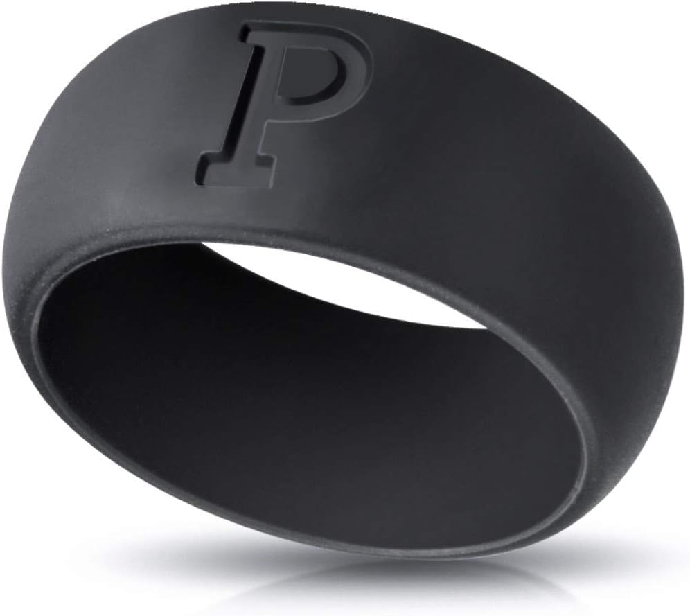 JungleSport Silicone Wedding Ring for Men and Women – Comfortable Fit Rubber Band – Choose Custom Alphabet Initials A-Z – Engagement Ring for Bride Groom – Sizes: 8-12(Black)