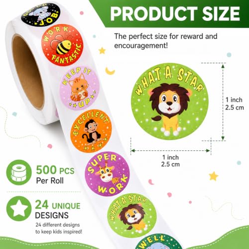 Outus 3 Rolls Motivational Stickers for Kids 1500 Pcs, Reward Sticker for Kids Classroom Teacher Potty Training, Cute Animal Roll, 24 Designs Encouragement Stickers, 1 Inch(Vivid Style)