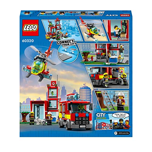 LEGO 60320 City Parque de Bomberos de Juguete con Helicóptero y Camión para Construir, Mini Figuras, Perrito y Gatito, Reyes Magos