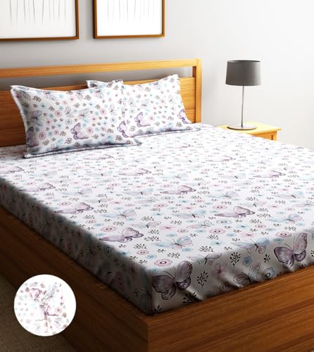 Image of Home Sizzler 210TC Butterfly Whispers Elastic Fitted Double Bedsheet with 2 King Size Pillow Covers