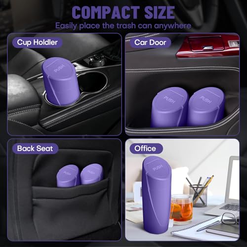 Image of Car Trash Can Bin with Lid - Car Garbage Can Cup Holder - Purple Mini Leakproof Vehicle Garbage Bin with 20pcs Trash Bags-Automotive Organizers and Storage for Front Back Seat Accessories