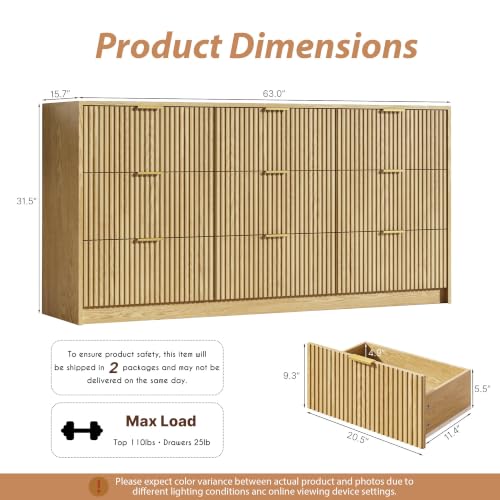 Image of MAISONARIA 63 inch Wide Fluted 9-Drawer Dresser for Bedroom, Natural