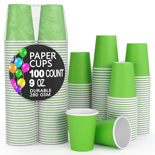 Party Solids Lime Green Paper Cups 9 oz Durable Disposable Cups 100 Paper Tumblers for Hot Drinks and Cold Drinks Thick 280 GSM Hot Cup for Tea & Coffee Cup To Go Fun Colors for Parties & Events