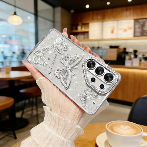 Image of Elzzi Electroplated Butterfly Phone Cover for Samsung S26 Ultra Case, Showcasing Pearlescent Diamond Soft TPU, Camera Protection, Shockproof, Dropresistant Stylish for Girls & Women (Grey)