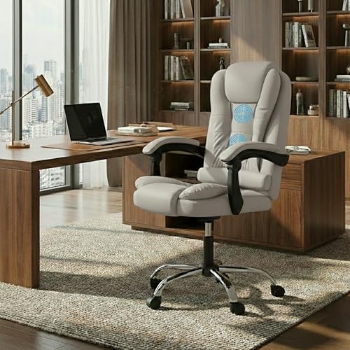 Image of Casa Copenhagen Italia Premium Leatherette Office Chair for Work | Boss Chair, Ergonomic Executive, Luxurious Cushioned Arms & Seat, 2 Point Back Massager, Heavy Duty Metal Base (Light Grey)